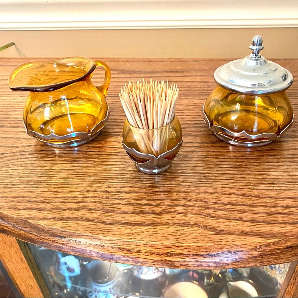 Farber Bros. Amber glass and chrome cream and sugar & matching toothpick holder